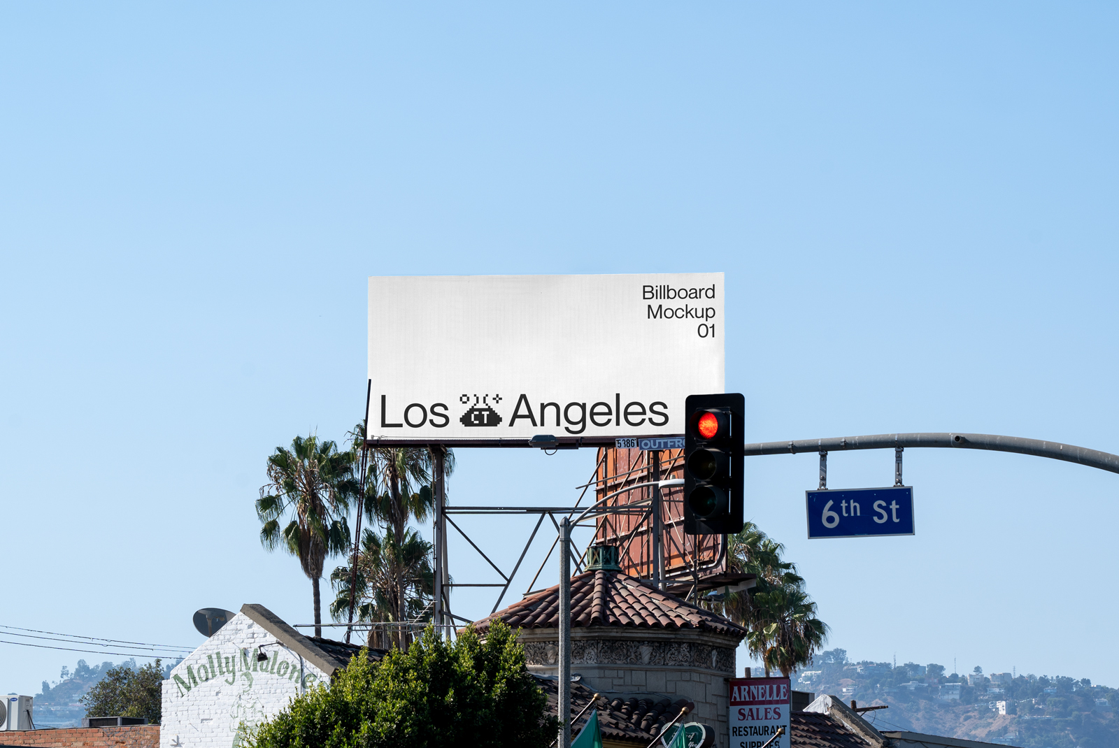 Outdoor billboard mockup on Los Angeles street, sunny day, clear blue sky, with palm trees and traffic light, suitable for ad design display.